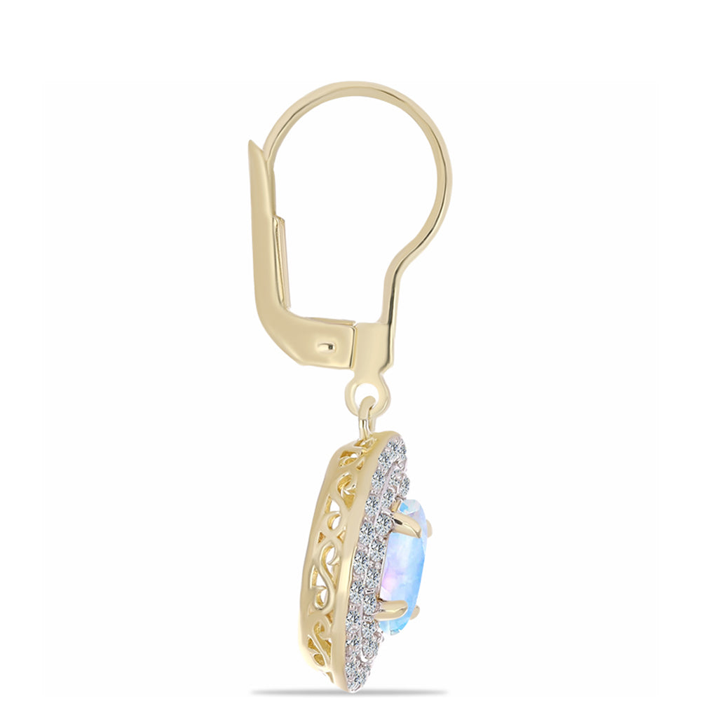 Arannyal Bevont Ezüst Fülbevaló Szivárvány Holdkővel és Fehér Topázzal