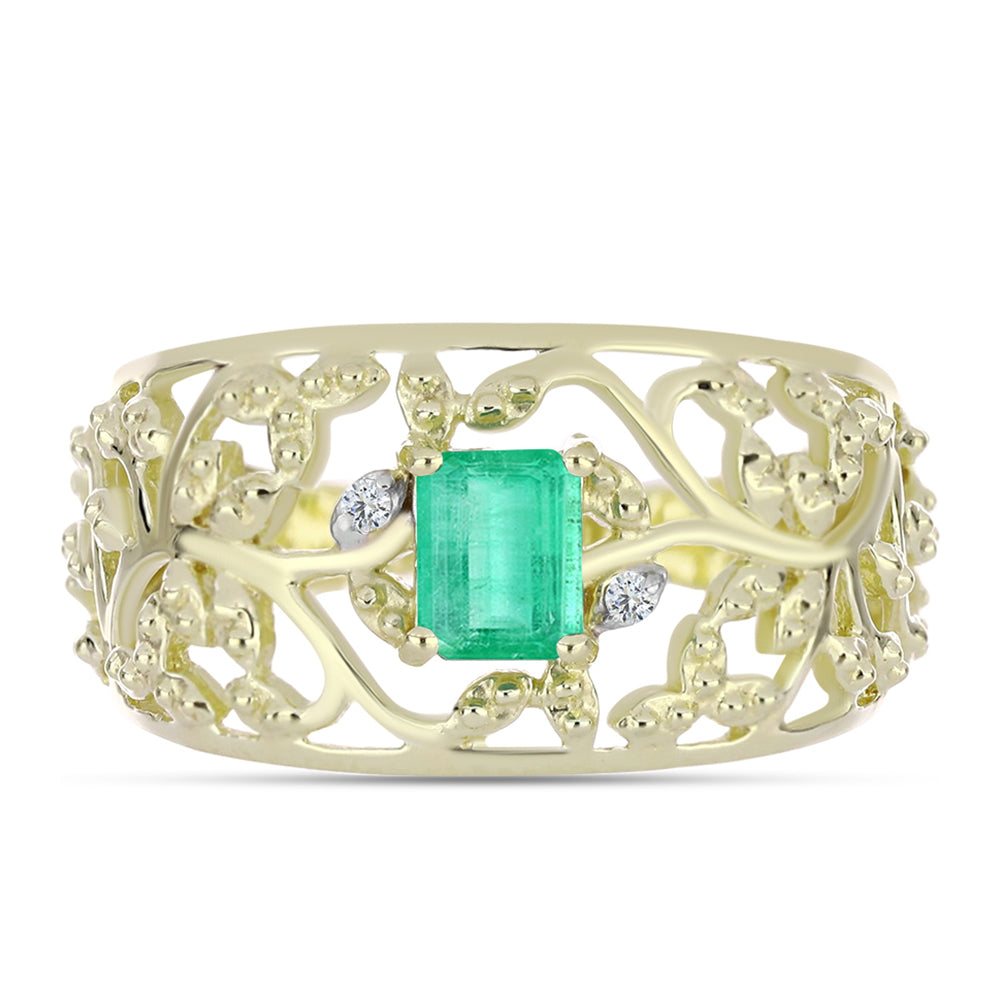 Arannyal Bevont Ezüst Gyűrű Kolumbiai Smaragddal és Fehér Gyémánttal