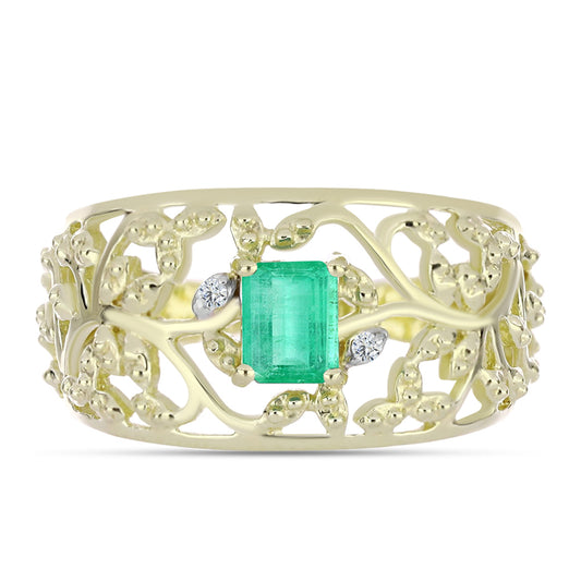 Arannyal Bevont Ezüst Gyűrű Kolumbiai Smaragddal és Fehér Gyémánttal
