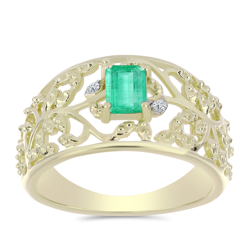 Arannyal Bevont Ezüst Gyűrű Kolumbiai Smaragddal és Fehér Gyémánttal