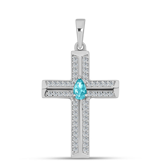 Kereszt Ezüst Medál Paraiba Kvarccal és Fehér Topázzal