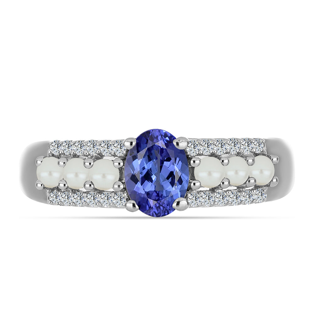 Ezüst Gyűrű "AAA" Osztályú Tanzanittal és Fehér Édesvízi Kagylógyönggyel 1 
