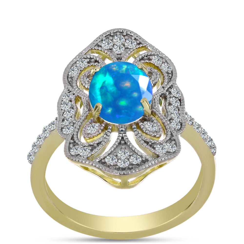 Arannyal Bevont Ezüst Gyűrű Etiópiai Paradicsomi Opállal és Fehér Topázzal