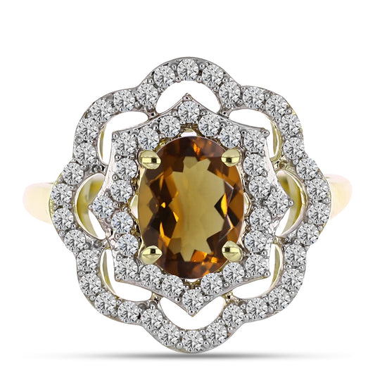 Arannyal Bevont Ezüst Gyűrű Kognak Kvarccal és Fehér Topázzal