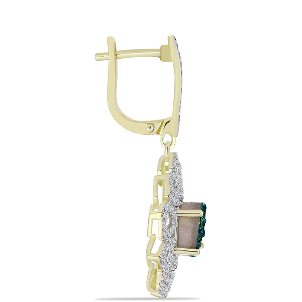 Arannyal Bevont Ezüst Fülbevaló Zöld Drusy-val és Fehér Topázzal