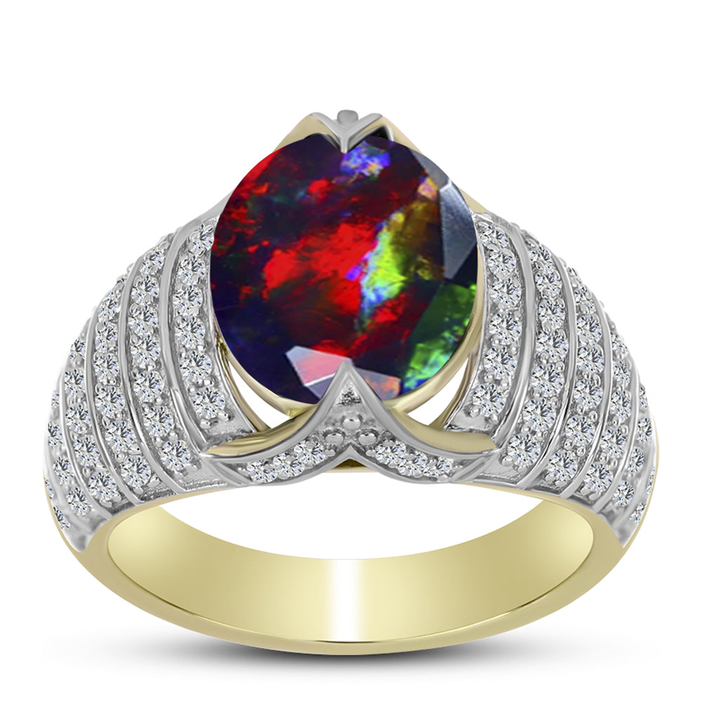 Arannyal Bevont Ezüst Gyűrű Lega Dembi Éjfekete Etiópiai Opállal és Fehér Topázzal