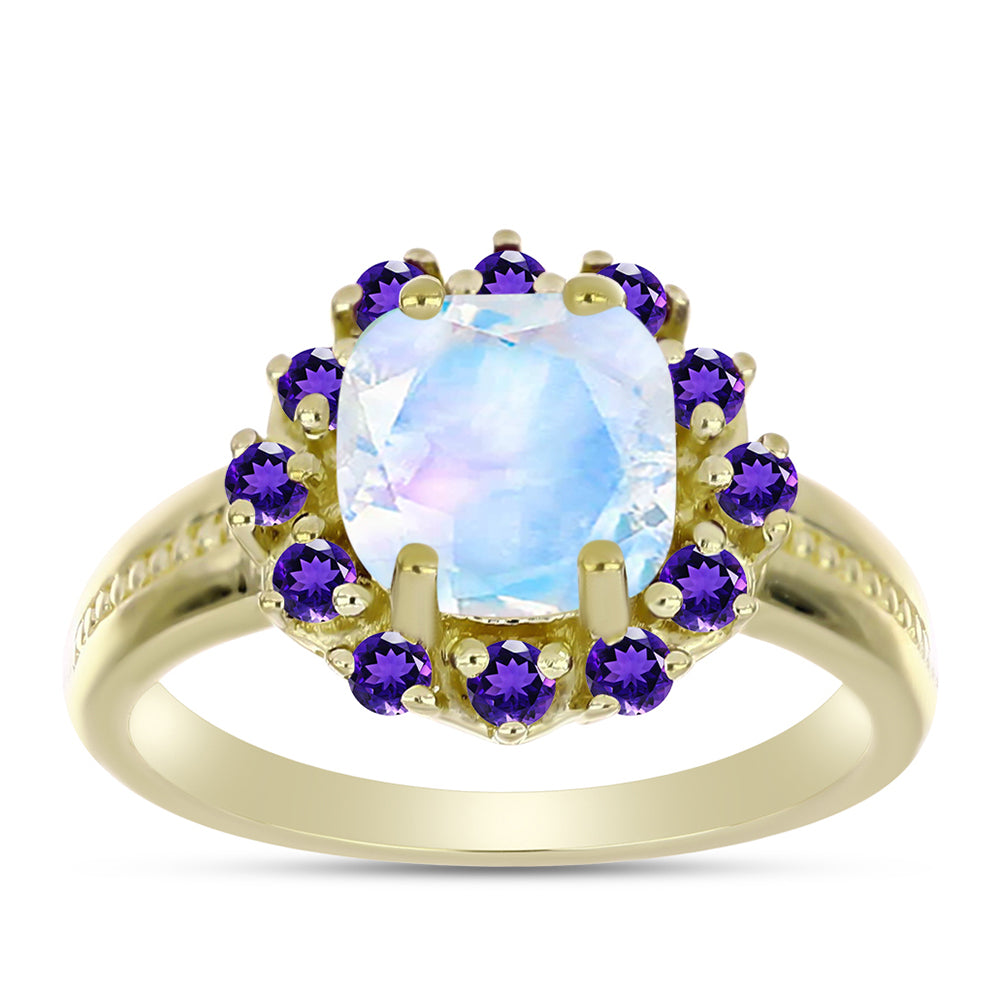 Arannyal Bevont Ezüst Gyűrű Szivárvány Holdkővel és Marokkói Ametiszttel 3 