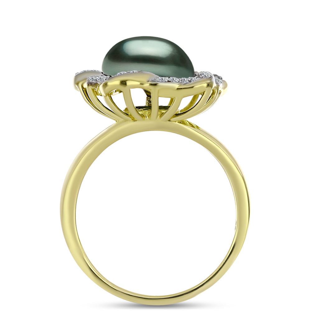 Arannyal Bevont Ezüst Gyűrű "Tahiti-zöld" illúzió édesvízi Kagylógyönggyel és Fehér Topázzal