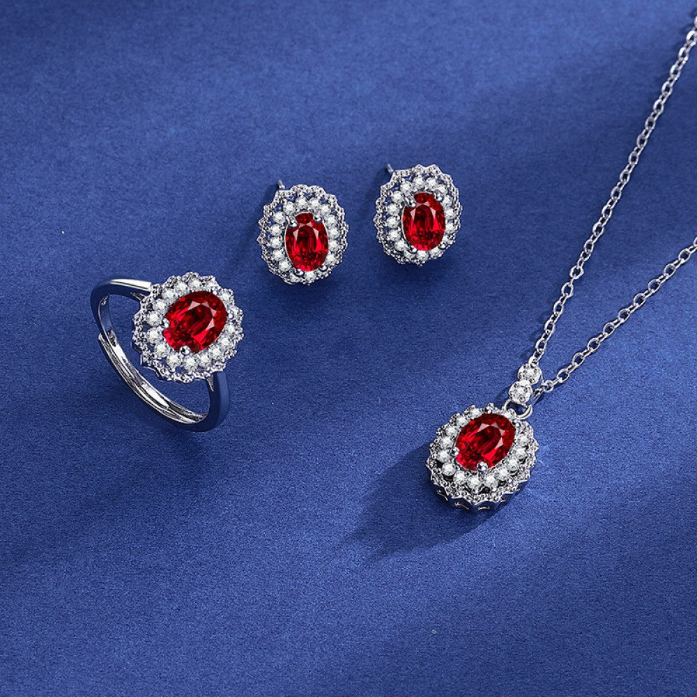 Arany tónusú Emporia Ötvözetű Szett Vörös Emporia® Kristállyal és Fehér Emporia® Kristállyal ( Nyaklánc+Fülbevaló+Gyűrű ) 1 