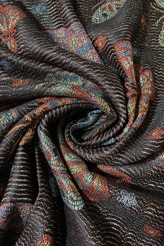 100% Valódi Pashmina Kasmír Sál-Kendő, 70 cm x 170 cm, Pillangó Mintás, Fényes Fekete