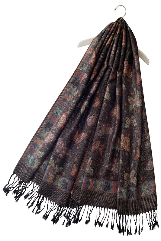 100% Valódi Pashmina Kasmír Sál-Kendő, 70 cm x 170 cm, Pillangó Mintás, Fényes Fekete