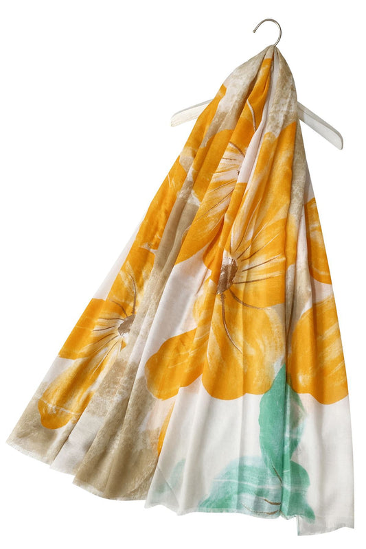 Pamut Sál-Kendő, 85 cm x 180 cm, Nagy Festett Virág mintás, Narancssárga