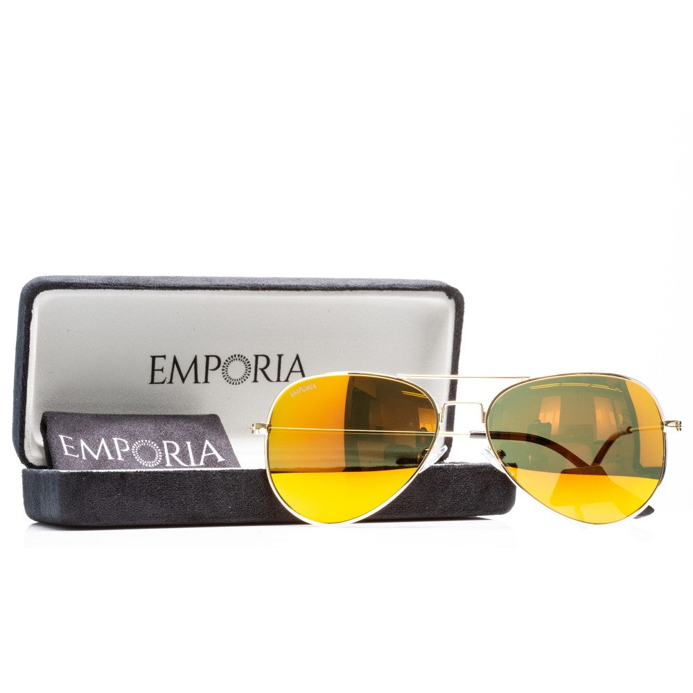 Emporia Italy - Pilóta Napszemüveg "NAPSUGÁR", polarizált UV szűrős napszemüveg tokkal és tisztítókendővel, narancssárgás lencsék, arany színű keret
