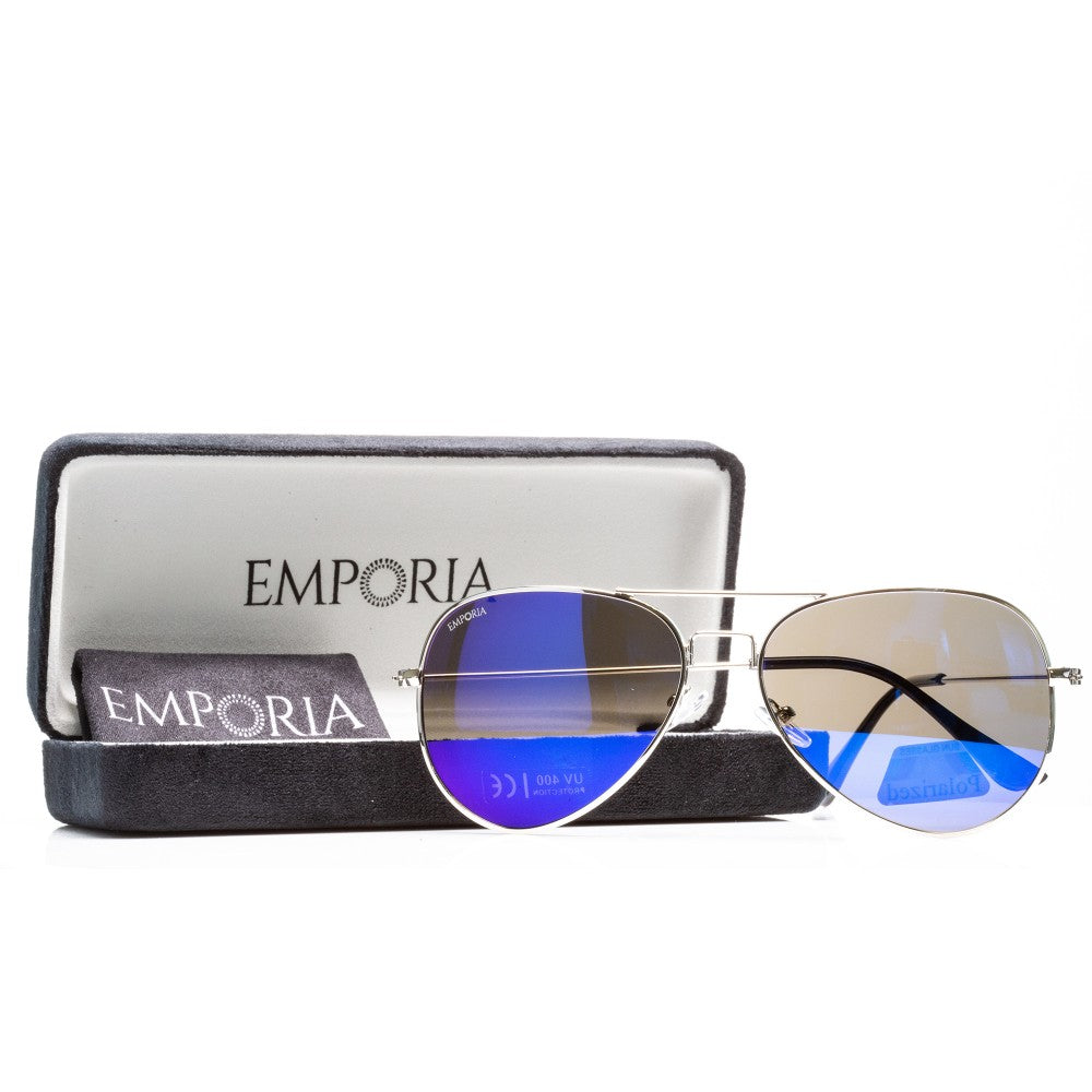 Emporia Italy - Pilóta Napszemüveg "LAGÚNA", polarizált UV szűrős napszemüveg tokkal és tisztítókendővel, kékeslilás lencsék, ezüst színű keret