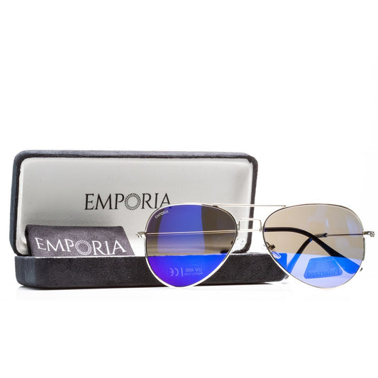 Emporia Italy - Pilóta Napszemüveg "LAGÚNA", polarizált UV szűrős napszemüveg tokkal és tisztítókendővel, kékeslilás lencsék, ezüst színű keret