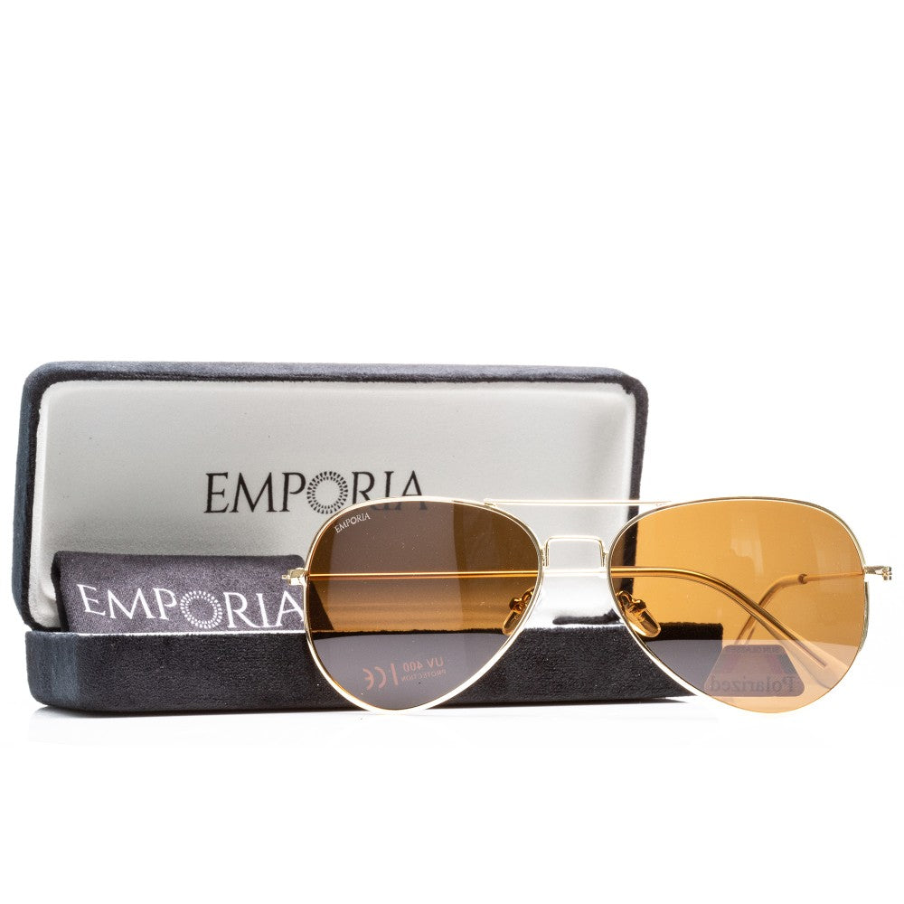 Emporia Italy - Pilóta Napszemüveg "SIVATAG", polarizált UV szűrős napszemüveg tokkal és tisztítókendővel,  világosbarna lencsék, arany színű keret 1 