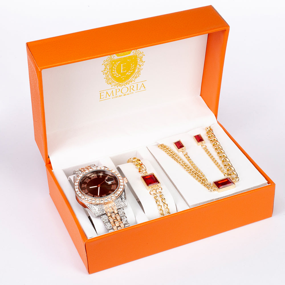 Arany Bevonatú Óra Vörös Emporia® Kristállyal (Nyaklánc+Fülbevaló+Karkötő+Medál) 1 