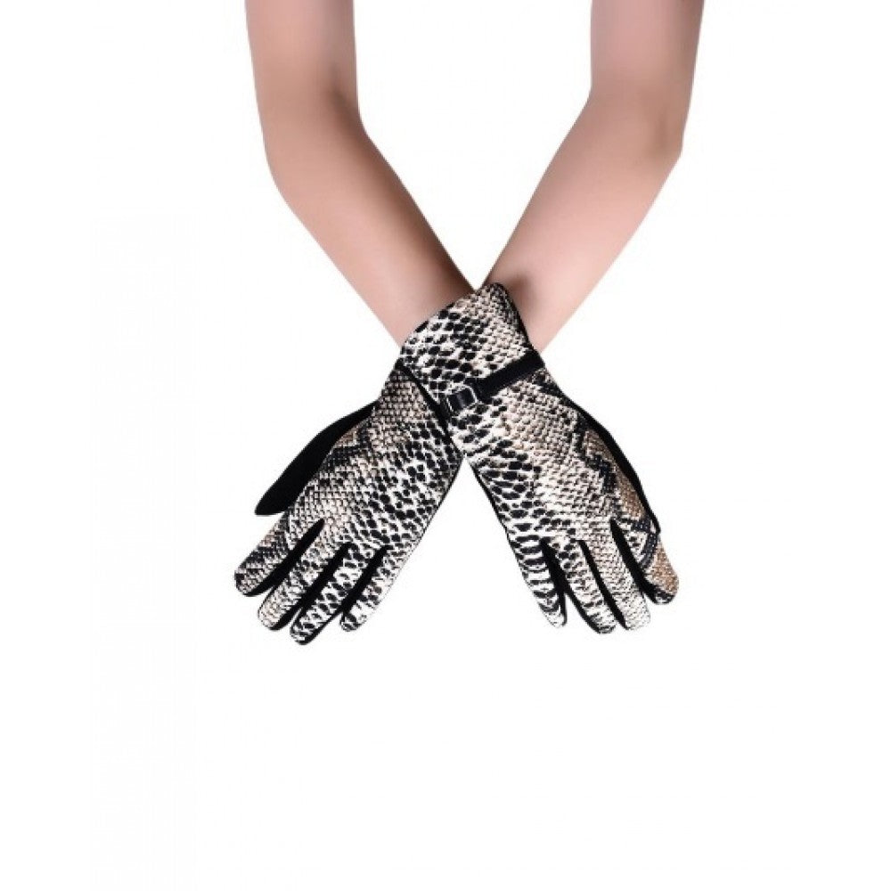 Snakeskin Print & Buckle Touch-Screen Gloves, black, 50% cotton, 50% polyester, uni size 1 