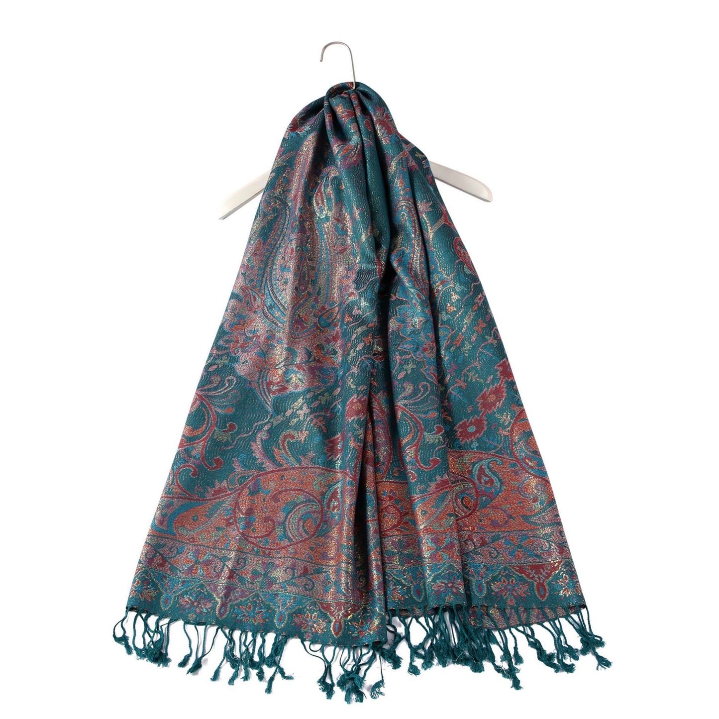 100% Valódi Pashmina Kasmír Sál-Kendő, 70 cm x 180 cm, Zöldeskék Fényes