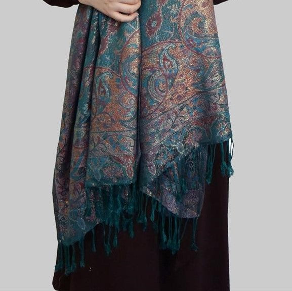 100% Valódi Pashmina Kasmír Sál-Kendő, 70 cm x 180 cm, Zöldeskék Fényes 4 