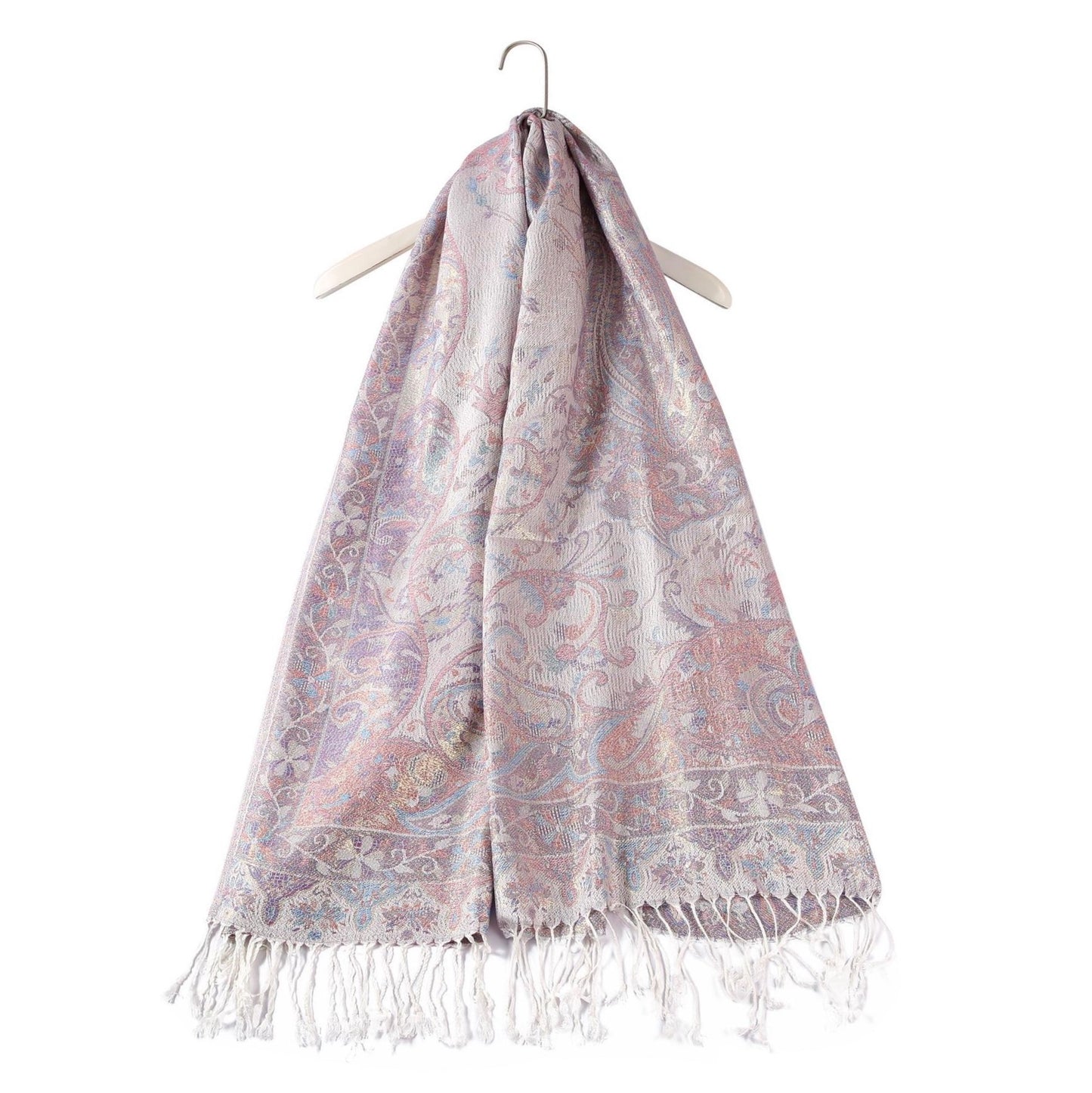 100% Valódi Pashmina Kasmír Sál-Kendő, 70 cm x 180 cm, Fényes Kasmír Mintás Rózsaszín és Fehér