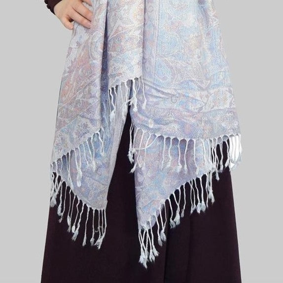 100% Valódi Pashmina Kasmír Sál-Kendő, 70 cm x 180 cm, Fényes Kasmír Mintás Rózsaszín és Fehér 4 