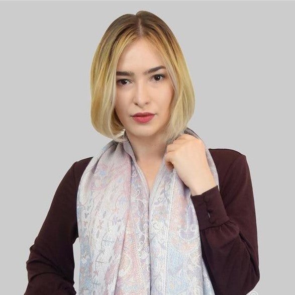 100% Valódi Pashmina Kasmír Sál-Kendő, 70 cm x 180 cm, Fényes Kasmír Mintás Rózsaszín és Fehér 5 