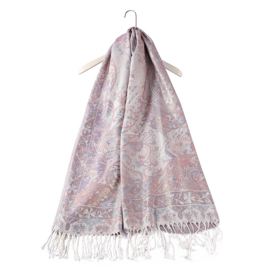 100% Valódi Pashmina Kasmír Sál-Kendő, 70 cm x 180 cm, Fényes Kasmír Mintás Rózsaszín és Fehér