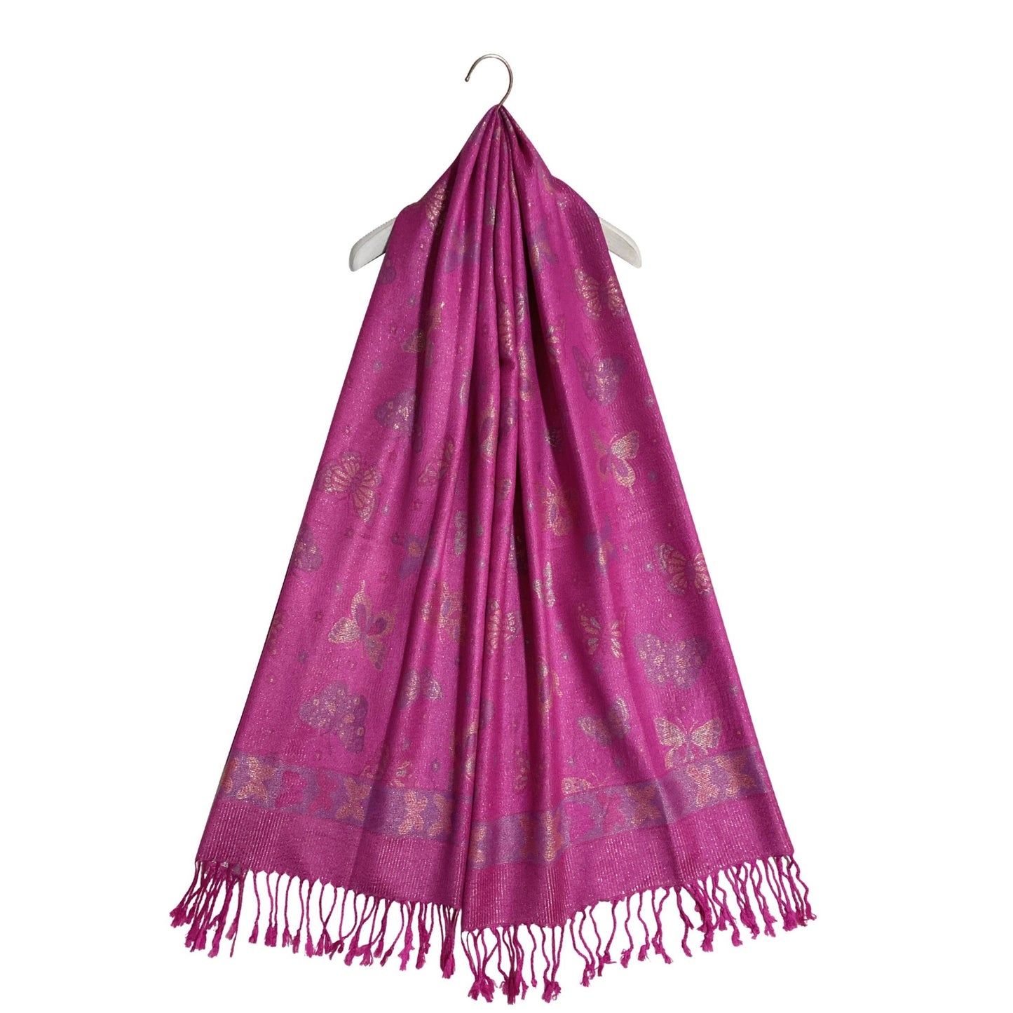 100% Valódi Pashmina Kasmír Sál-Kendő, 70 cm x 170 cm, Pillangó Mintás, Fényes Fukszia Rózsaszín