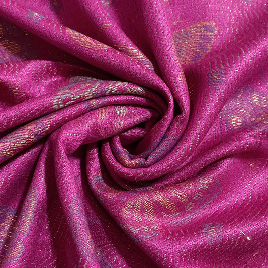 100% Valódi Pashmina Kasmír Sál-Kendő, 70 cm x 170 cm, Pillangó Mintás, Fényes Fukszia Rózsaszín