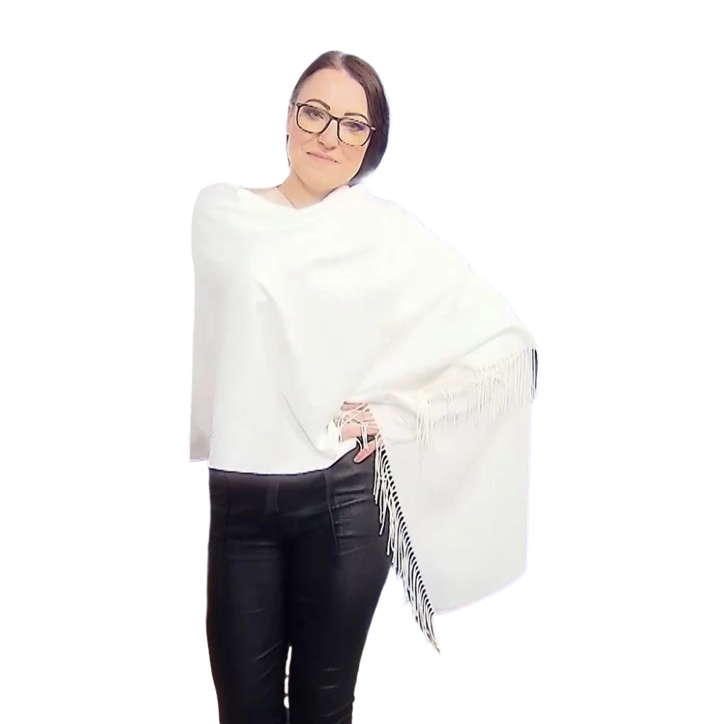 100% Pashmina Kasmír Sál, 70 cm x 170 cm, Szuper Puha, Sima Fehér